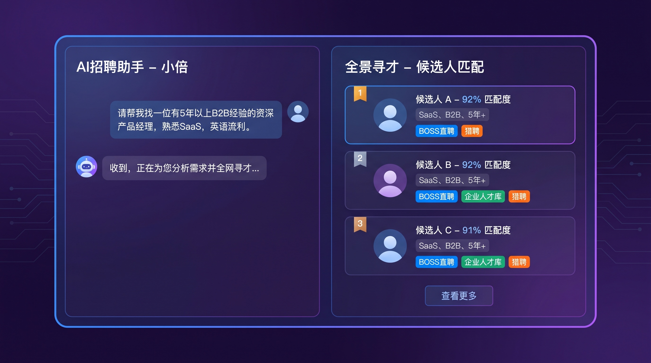 全景寻才 Agent 对话式寻才界面：左侧对话、右侧候选人推荐列表